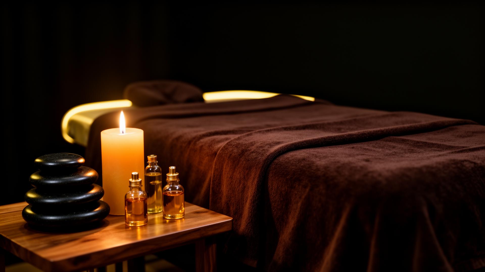 Candlelit massage table with hot stones and warm essential oils